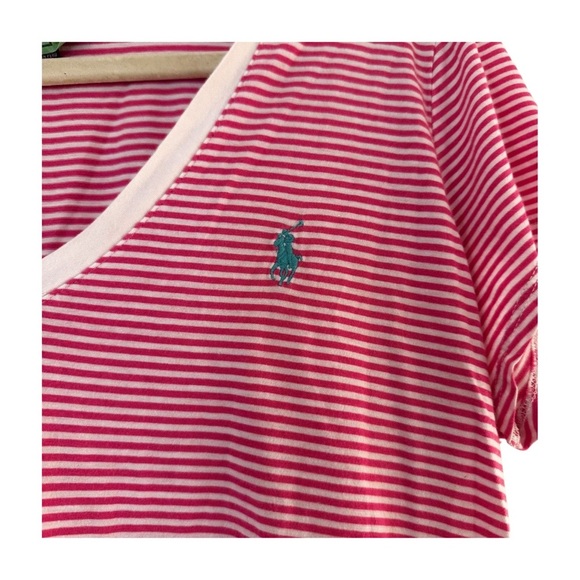Ralph Lauren Striped V-Neck T-Shirt Red White XL Short Sleeve Logo Tee - Picture 6 of 8